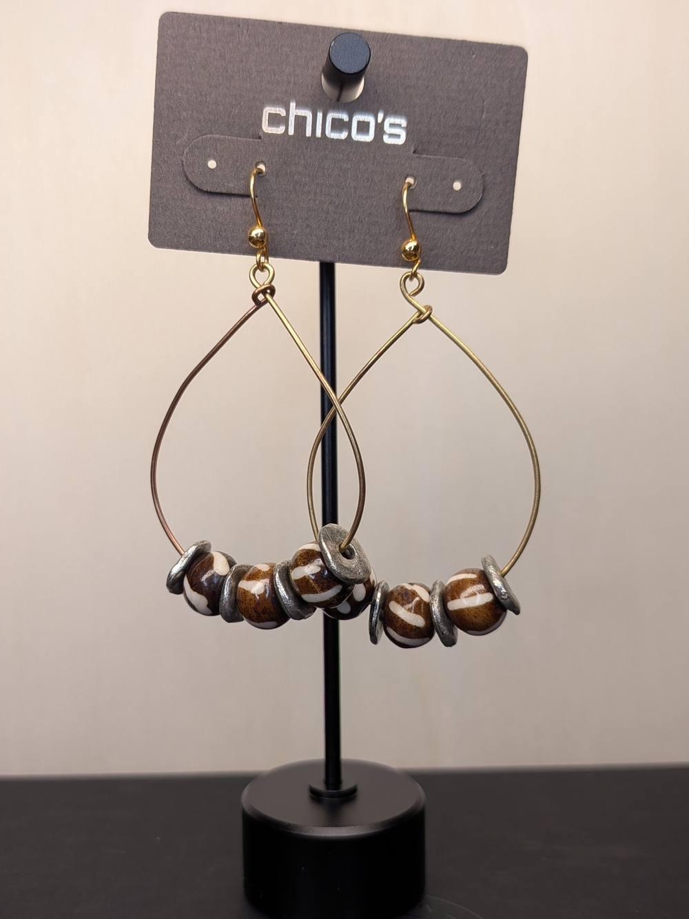 Chico's Brown Wood & Gold Beaded Hoop Drop Earrings